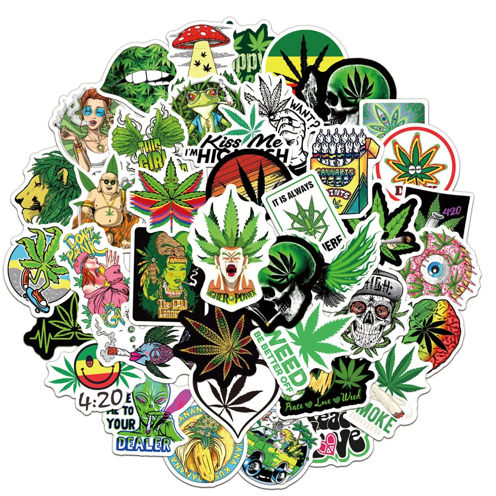 50PCS Personalized Green Leaf Graffiti Trolley Case Scooter Refrigerator Water Cup Waterproof Child Sticker