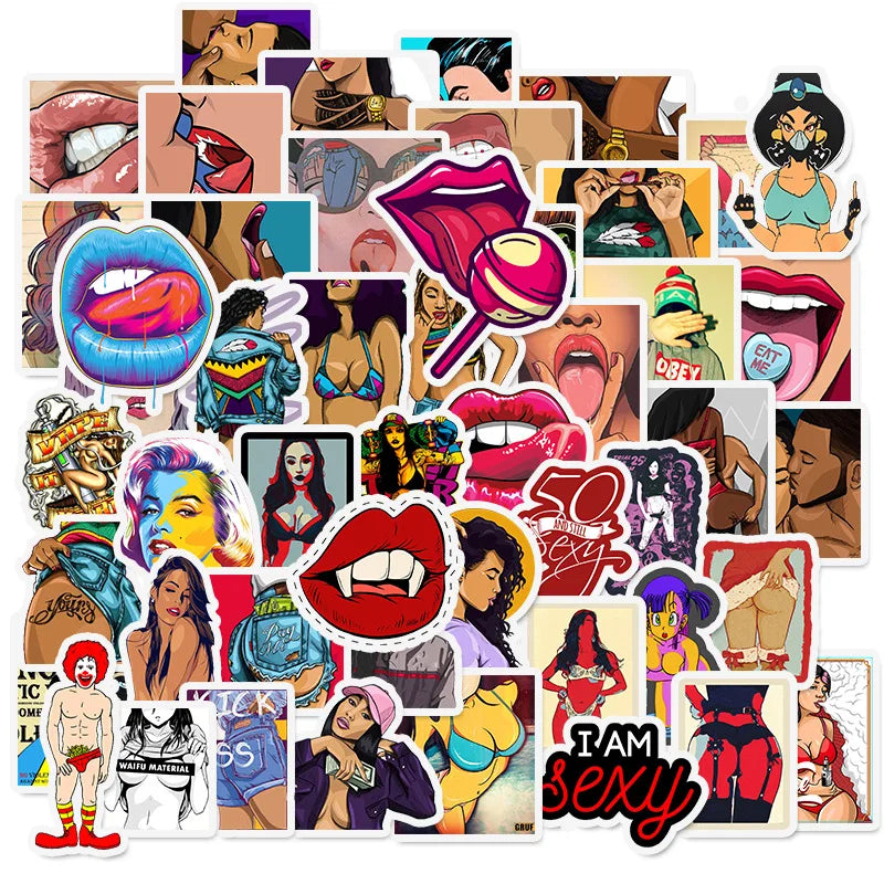 50 pieces of non-repetitive rock and hip-hop girl cartoon graffiti stickers, personalized DIY luggage, scooter, laptop, phone case waterproof decorative sticker toys