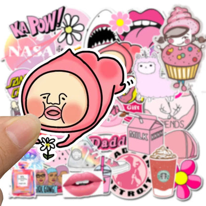 50PCS Pink Girl Cute Cartoon Graffiti Suitcase Trolley Skateboard Guitar Personality Sticker Waterproof
