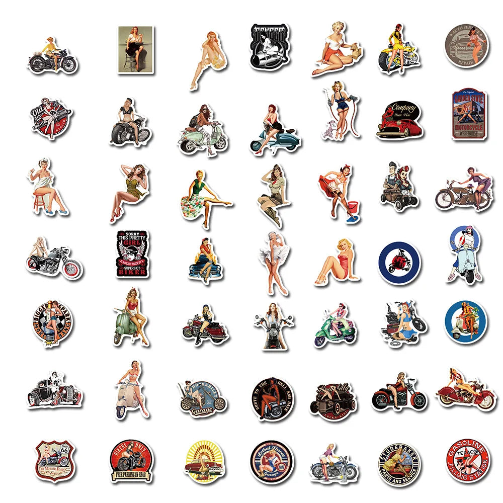 100PCS Hip-Hop Motorcycle Retro Girl Graffiti Stickers Perfect for Suitcases, Laptops, Skateboards, Water Bottles, Helmets, Stationery Boxes Exquisite DIY Desktop Decorations & Journal Stickers