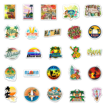 50PCS New Cartoon Hawaiian Beach Landscape Ins Wind Personality Graffiti Decoration Suitcase Guitar Waterproof Sticker