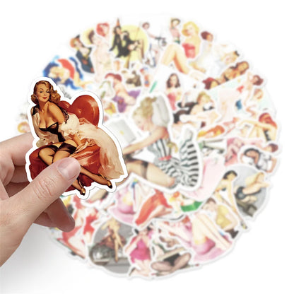 50PCS Cartoon Retro Girl Suitcase Beautiful Graffiti Suitcase Stationery Laptop Skateboard Waterproof  Sticker