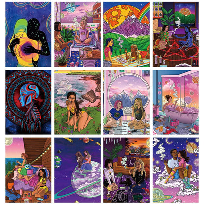 50 pieces of cartoon animation art oil painting cards, character decorative style graffiti stickers, personalized, fashionable, creative and trendy DIY exquisite decorative decal cups, helmets, skateboard popular sticker toys