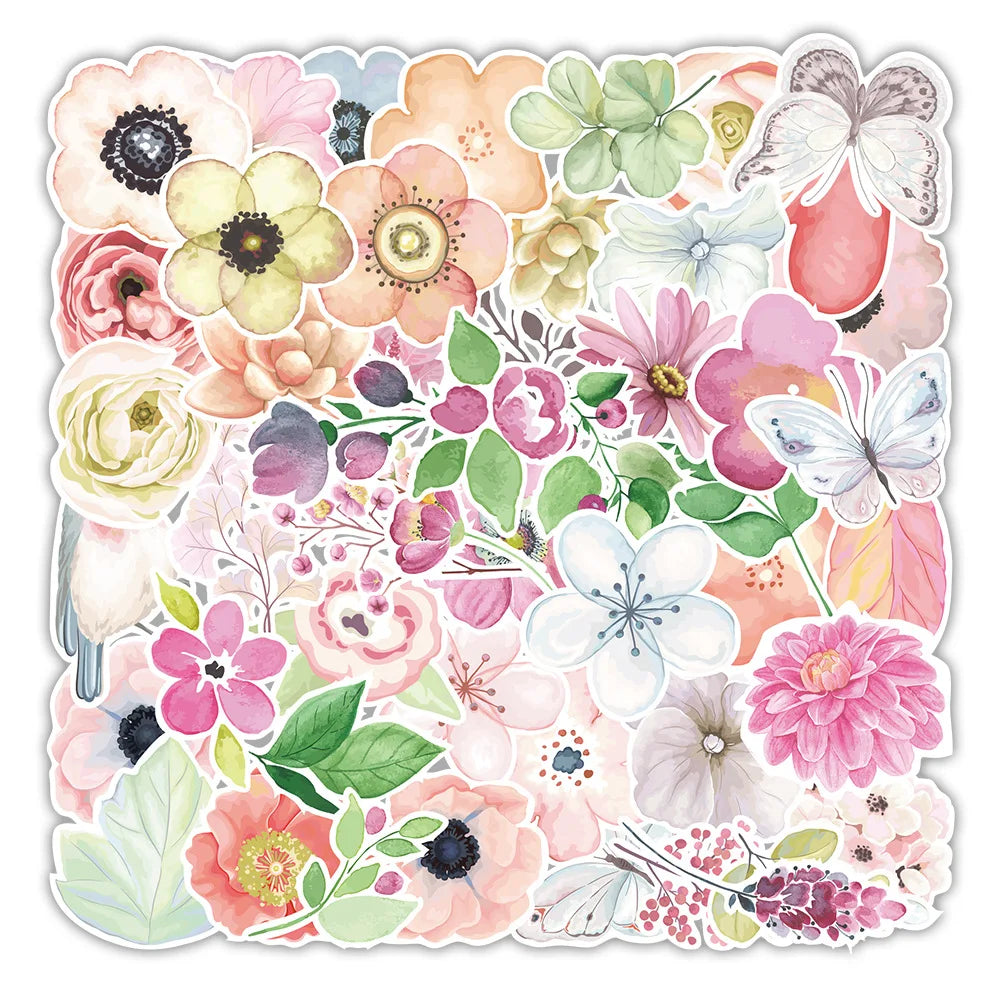 50PCS of plant and flower series decorative style graffiti stickers, personalized, fashionable and creative DIY exquisite decorative decal cups, helmets, skateboard popular sticker toys