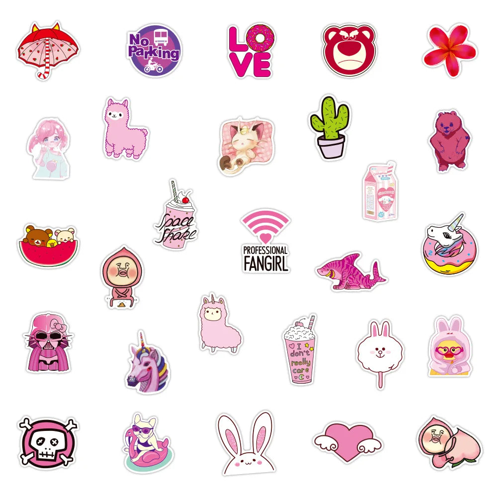 50PCS Cute Pink Cartoon Graffiti Sticker Laptop Guitar Skateboard Water Cup Mobile Phone Gift Toy Sticker
