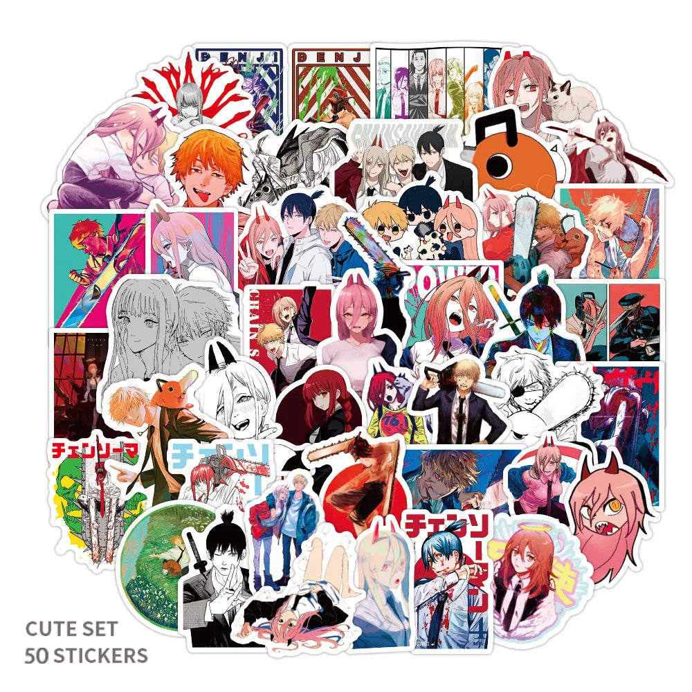50PCS Chainsaw Man Japanese anime stickers, personalized PVC graffiti stickers, suitable for suitcases, guitars, waterproof notebooks, decorative stickers, toys