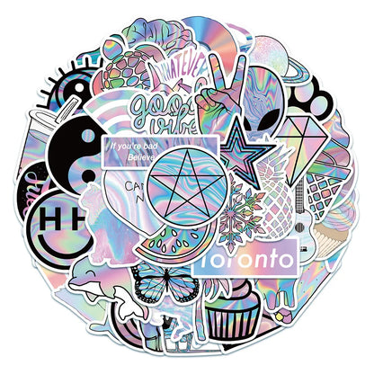50PCS Holographic Laser Flash Graffiti Trolley Case Scooter Refrigerator Water Cup Waterproof Children's Sticker