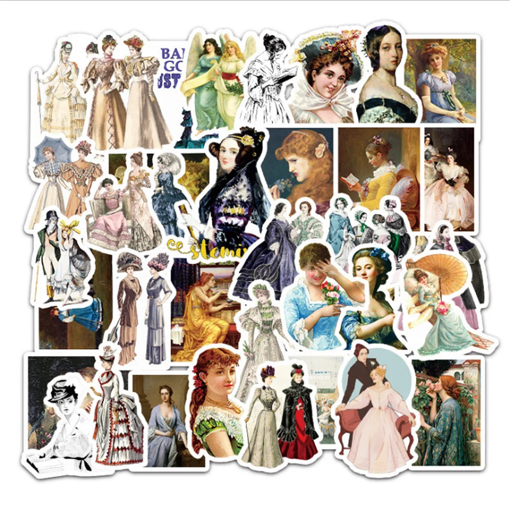 50PCS cartoon retro and nostalgic court style female decorative style graffiti stickers, personalized, fashionable and creative trend DIY exquisite decorative decal cups, helmets, skateboard popular sticker toys