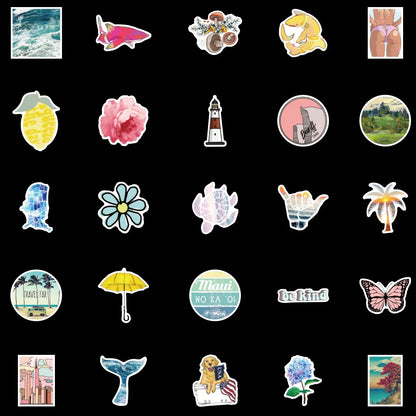 100 pieces of simple, fashionable and fresh summer beach graffiti stickers, personalized and creative stickers, luggage, car, mobile phone, computer and refrigerator decoration stickers, toys