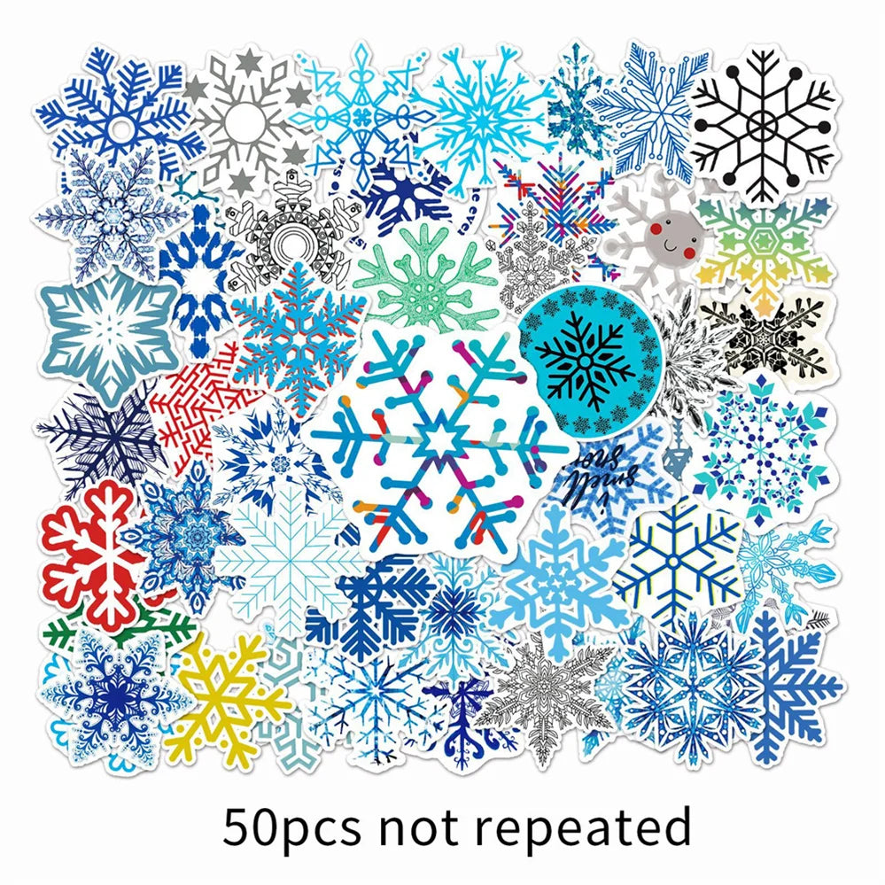 50 pieces of cartoon snowflake pattern decorative style graffiti stickers, personalized, fashionable and creative DIY exquisite decorative decal cups, helmets, skateboard popular sticker toys