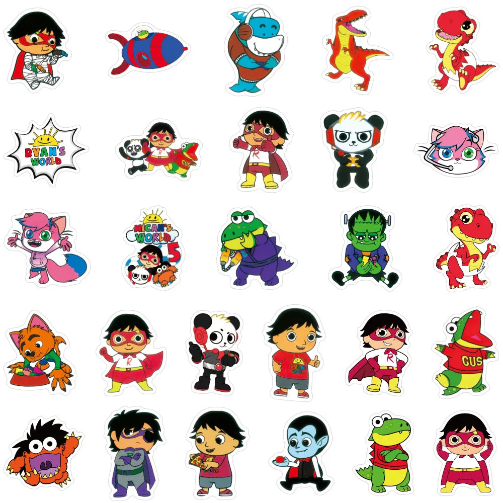 50PCS Art Illustration Popular Creative Cartoon New Ryan's World Series Decorative Style Graffiti Stickers Personalised Fashion Creative DIY Exquisite Decorative Decals Suitable For Cups, Helmets, Skateboards Popular Stickers Toys