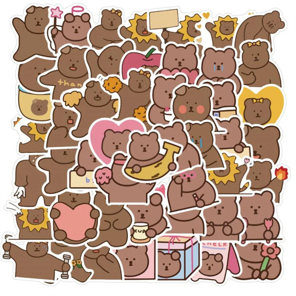 50 pieces of cute cartoon animal bear decorative style graffiti stickers, personalized, fashionable and creative DIY exquisite decorative decal cups, helmets, skateboards and popular sticker toys