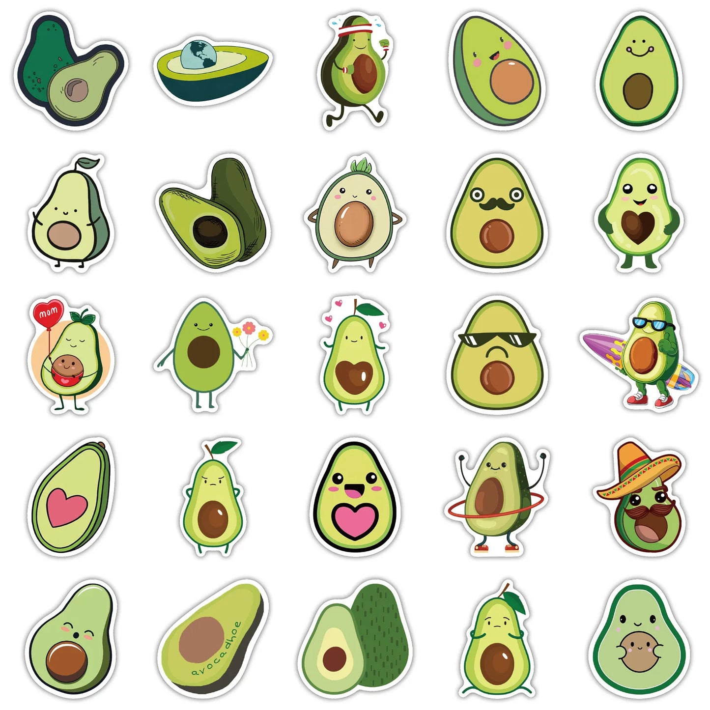50 pieces of creative and fresh cartoon avocado graffiti stickers, suitable for DIY handbag, notebook, phone case decoration sticker toys