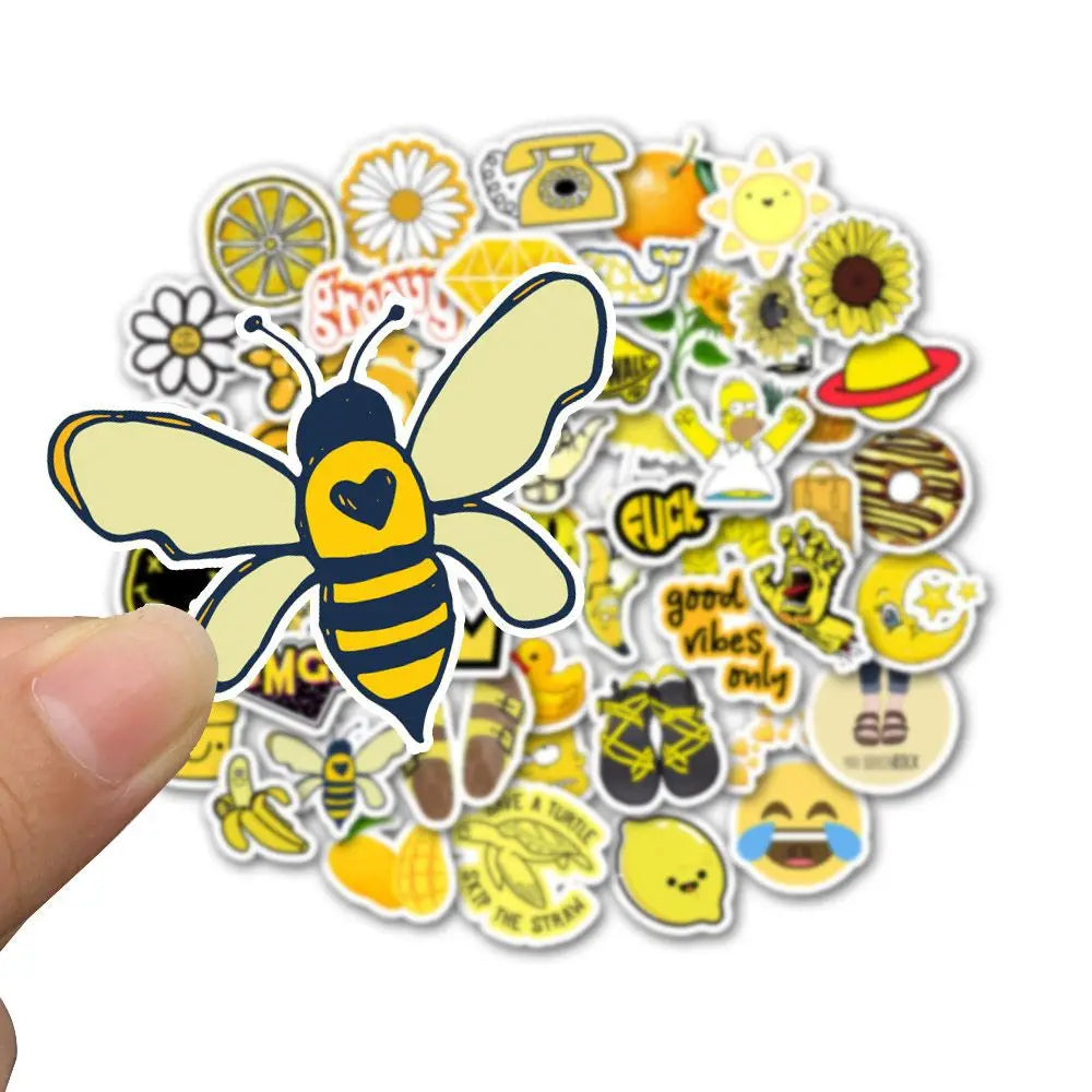 50PCS cartoon yellow series fresh and cute bee decorative style graffiti stickers, personalized fashion and creative trend DIY exquisite decorative decal cups, helmets, skateboard popular sticker toys