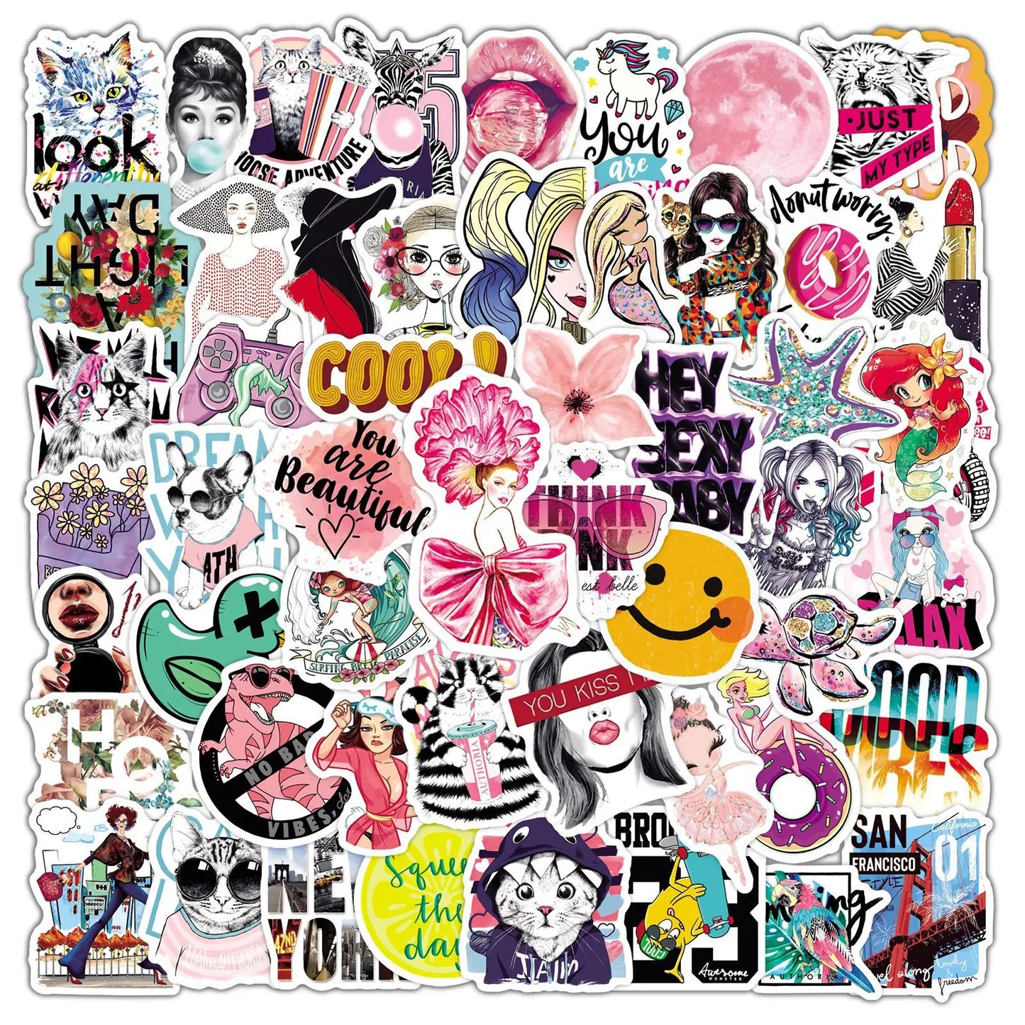 50PCS Cartoon Cute Pink Girl Graffiti Waterproof Sticker Suitcase Notebook Refrigerator Skateboard Stationery Box