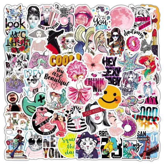 50PCS Cartoon Cute Pink Girl Graffiti Waterproof Sticker Suitcase Notebook Refrigerator Skateboard Stationery Box