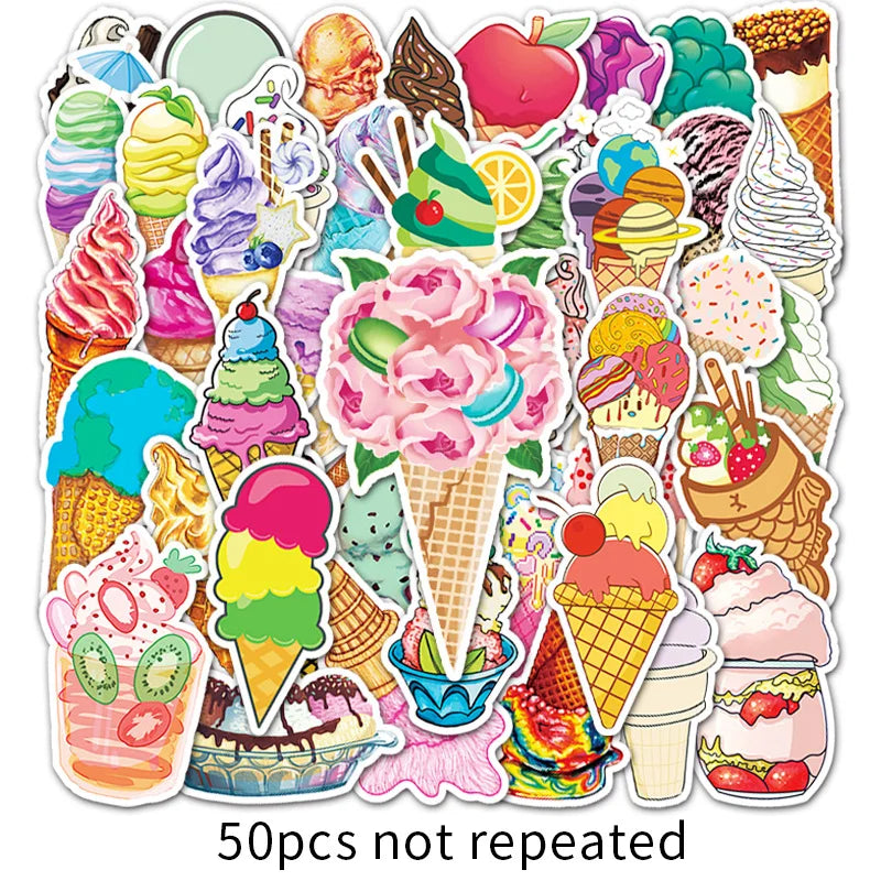 50 pieces of cartoon personalized ice cream decorative style graffiti stickers, personalized, fashionable and creative DIY exquisite decorative decal cups, helmets, skateboard popular sticker toys
