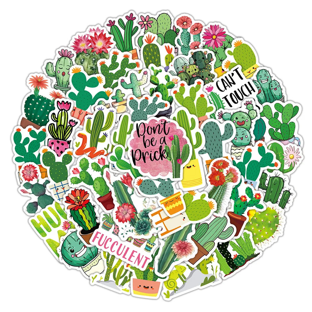 50PCS New Cute Green Plant Cactus Graffiti Waterproof Sticker Suitcase Notebook Refrigerator Stationery BoxHelmet