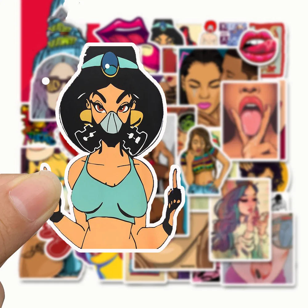 50 pieces of non-repetitive rock and hip-hop girl cartoon graffiti stickers, personalized DIY luggage, scooter, laptop, phone case waterproof decorative sticker toys