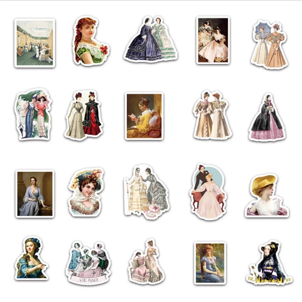 50PCS cartoon retro and nostalgic court style female decorative style graffiti stickers, personalized, fashionable and creative trend DIY exquisite decorative decal cups, helmets, skateboard popular sticker toys