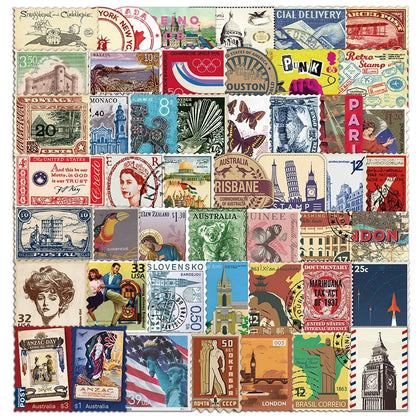 50PCS Retro Travel Stamp Sticker Pack, Nostalgic Postmark Series, Pocket Diary DIY Material Decorative Stickers