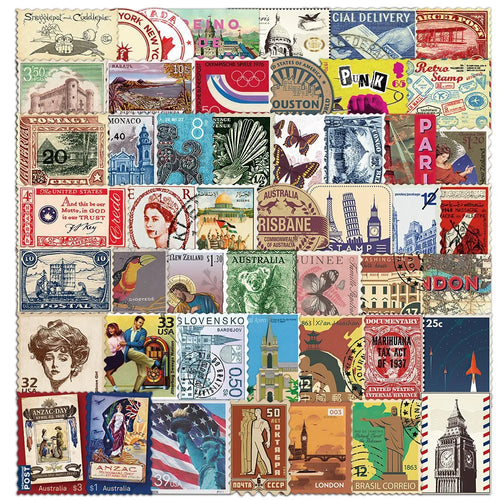 50PCS Retro Travel Stamp Sticker Pack, Nostalgic Postmark Series, Pocket Diary DIY Material Decorative Stickers
