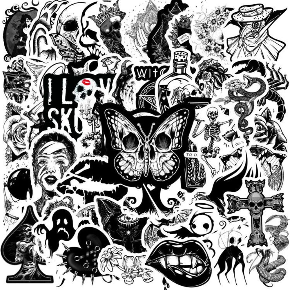 50PCS Black and White Devil Gothic Graffiti Waterproof Sticker Suitcase Notebook Skateboard Refrigerator WaterCup