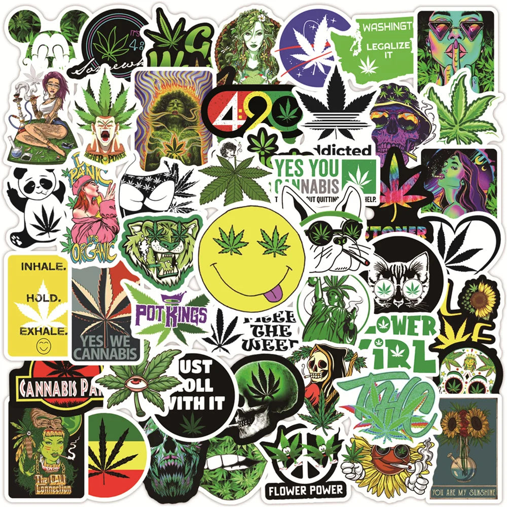50PCS Green Hemp Leaf Graffiti Graffiti Laptop Guitar Motorcycle Luggage Skateboard Bike Waterproof Skull Sticker