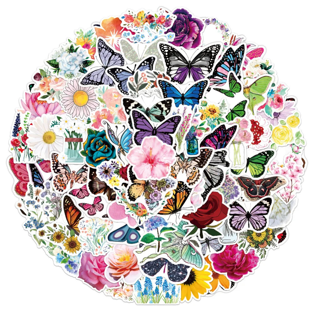 50PCS Color Butterfly Flower Graffiti Stickers Notebook Skateboard Luggage Waterproof Refrigerator Stickers