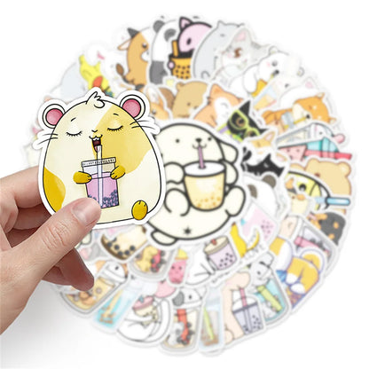 50PCS Cute Cartoon Animal Milk Tea Personalized Decorative Sticker Scooter Motorcycle Luggage Car Sticker