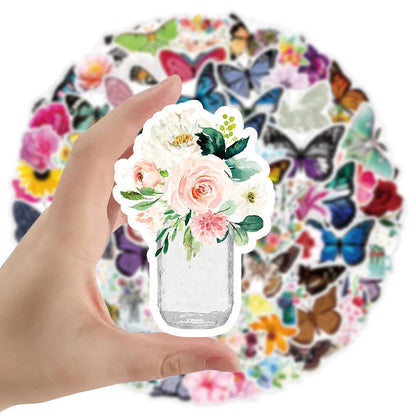 50PCS Color Butterfly Flower Graffiti Stickers Notebook Skateboard Luggage Waterproof Refrigerator Stickers