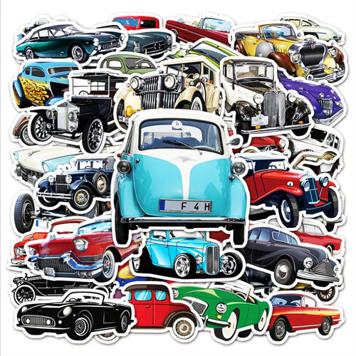 50 pieces of cartoon retro classic car graffiti stickers, personalized planner, luggage, helmet decoration, waterproof sticker toys