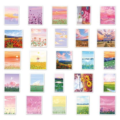 50PCS Cartoon Landscape Oil Painting Aesthetics Creative Graffiti Scrapbook Guitar Phone Case Gift Toy Sticker