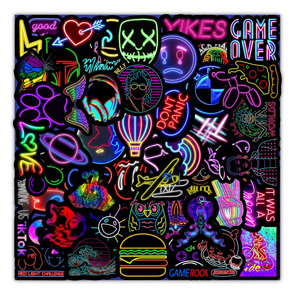 50 pieces of fresh and light neon graffiti stickers, personalized DIY car trunk phone cases, water cups, laptop decorative waterproof stickers toys