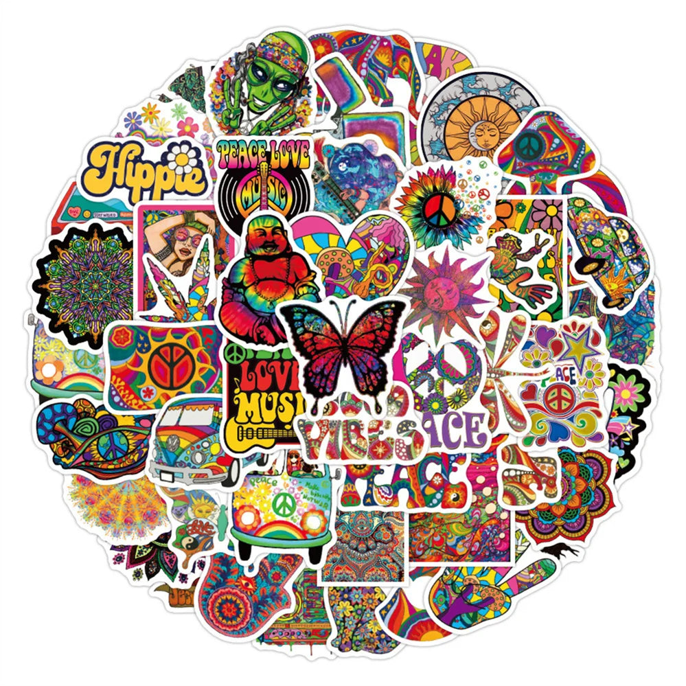50PCS cartoon psychedelic hippie series graffiti stickers, personalized DIY phone cases, laptops, suitcases, skateboards, waterproof decorative stickers, toys