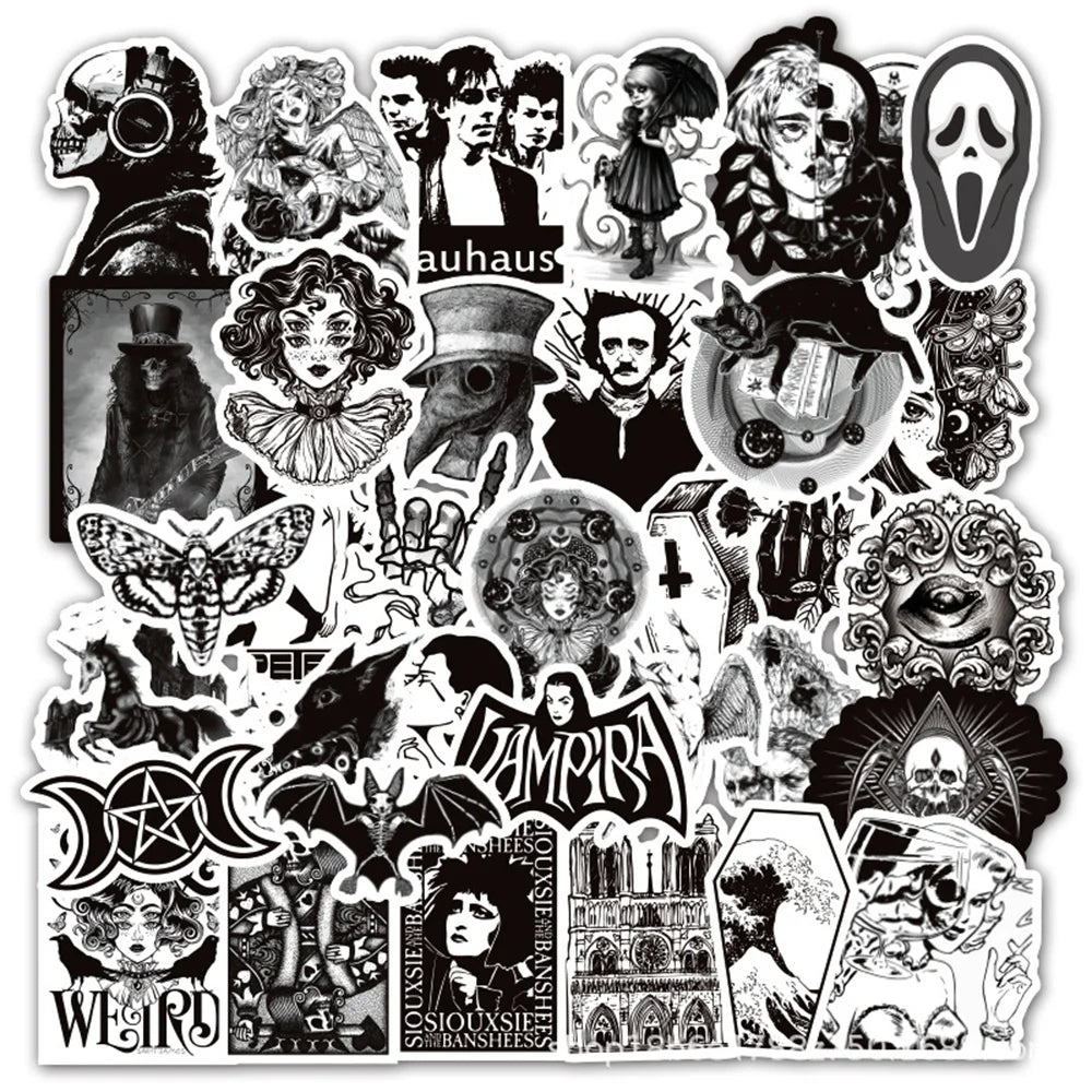 50PCS Black and White Punk Style Gothic Graffiti Trolley Scooter Refrigerator Water Cup Waterproof Sticker