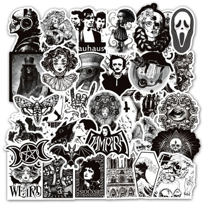 50PCS Black and White Punk Style Gothic Graffiti Trolley Scooter Refrigerator Water Cup Waterproof Sticker