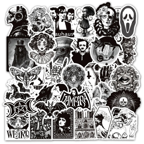 50PCS Black and White Punk Style Gothic Graffiti Trolley Scooter Refrigerator Water Cup Waterproof Sticker