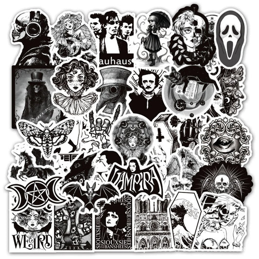 50PCS Black and White Punk Style Gothic Graffiti Trolley Scooter Refrigerator Water Cup Waterproof Sticker