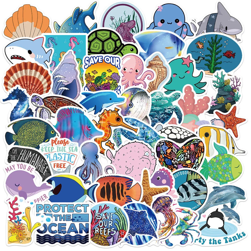 50PCS Marine Life Octopus Dolphin Whale Graffiti Stickers Personalized Luggage Refrigerator Water Cup Stickers