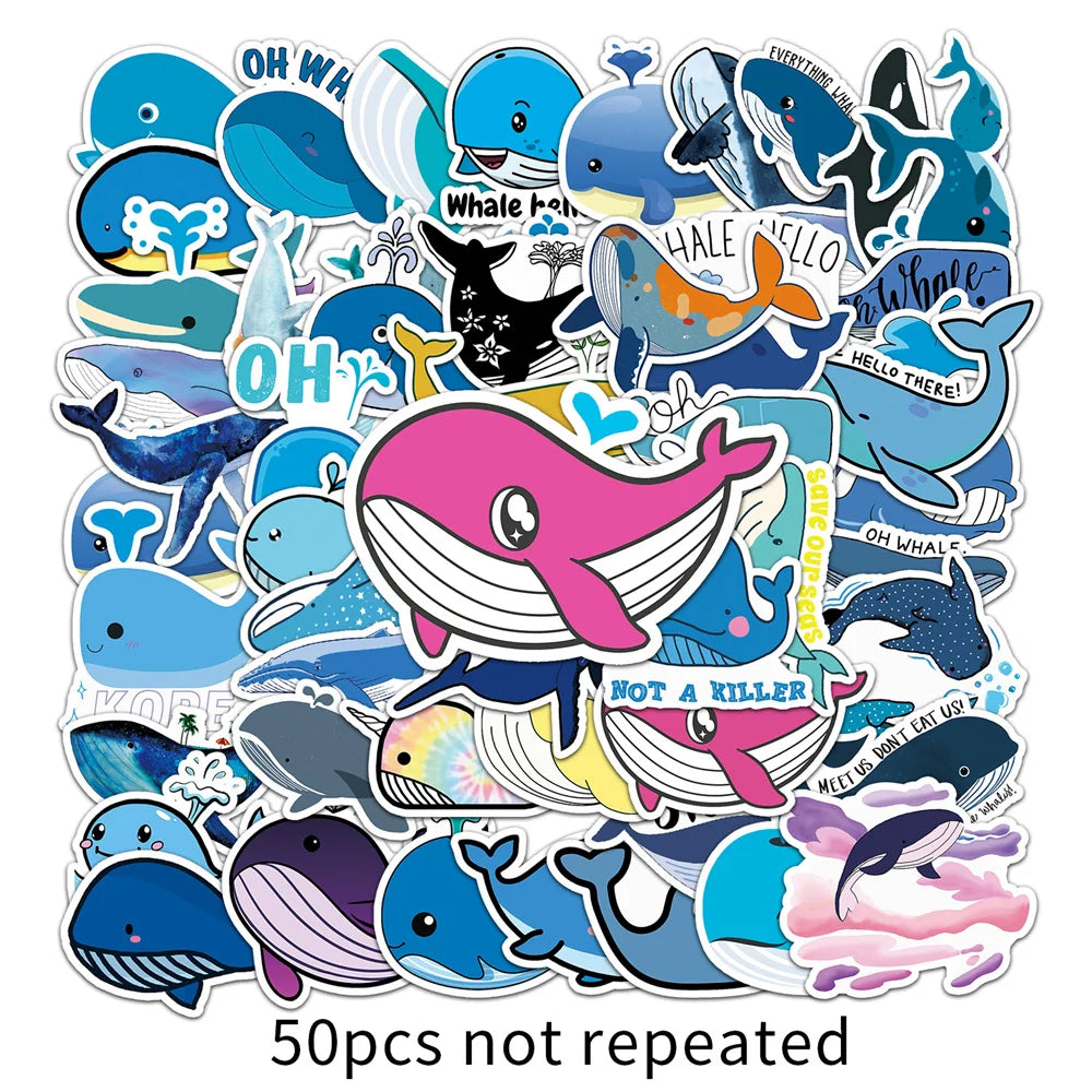 50PCS Cartoon Whale Animal Creative Stickers Graffiti Guitar Skateboard Laptop Children's Toys Cute Stickers