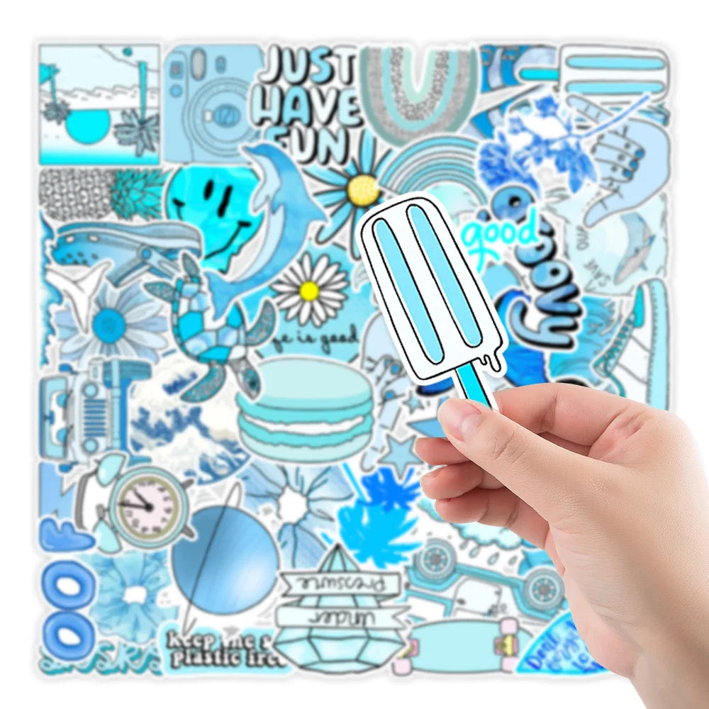 50PCS New Blue Small Fresh Graffiti Stickers Car Trunk Mobile Phone Water Cup Waterproof Stickers