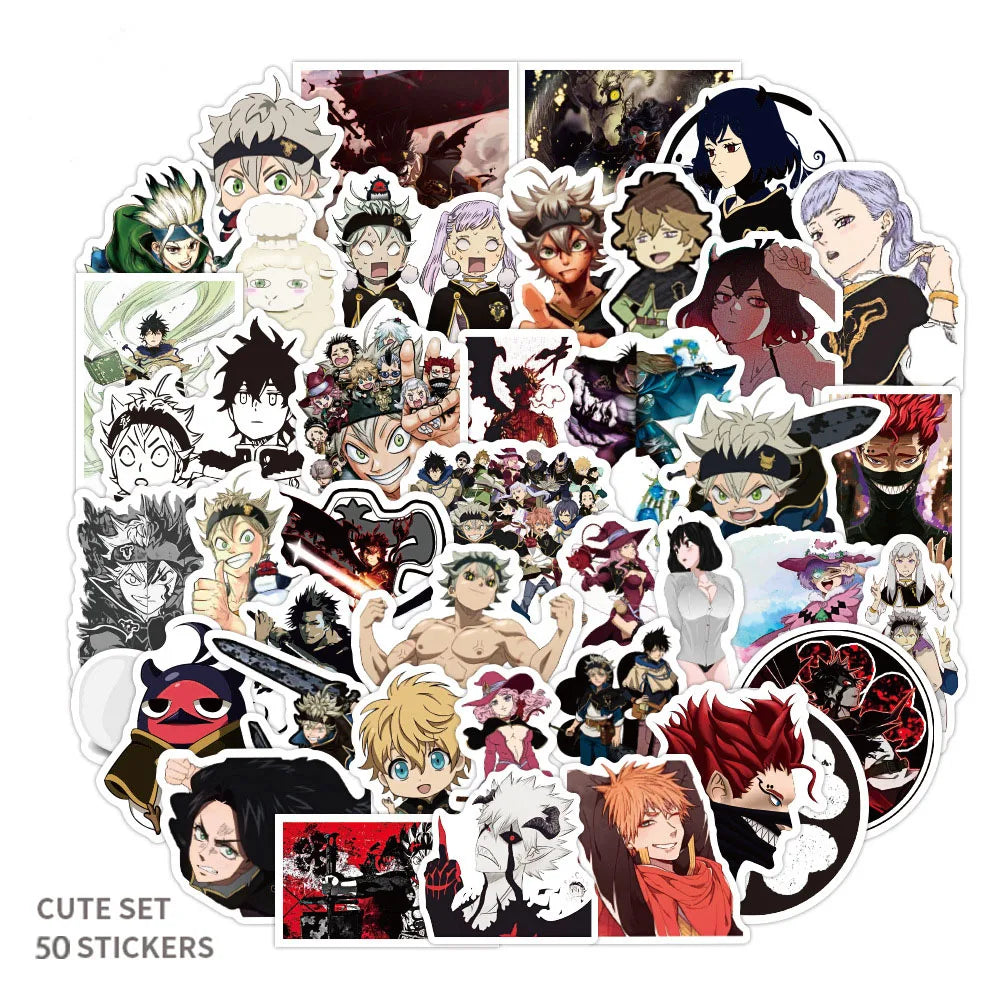 50PCS cartoon and anime black cloverleaf graffiti stickers, personalized DIY notebook suitcase sticker graffiti decoration waterproof decorative sticker toys