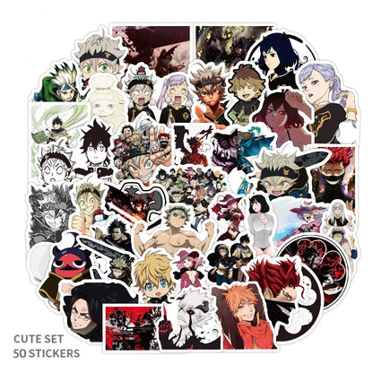 50PCS cartoon and anime black cloverleaf graffiti stickers, personalized DIY notebook suitcase sticker graffiti decoration waterproof decorative sticker toys