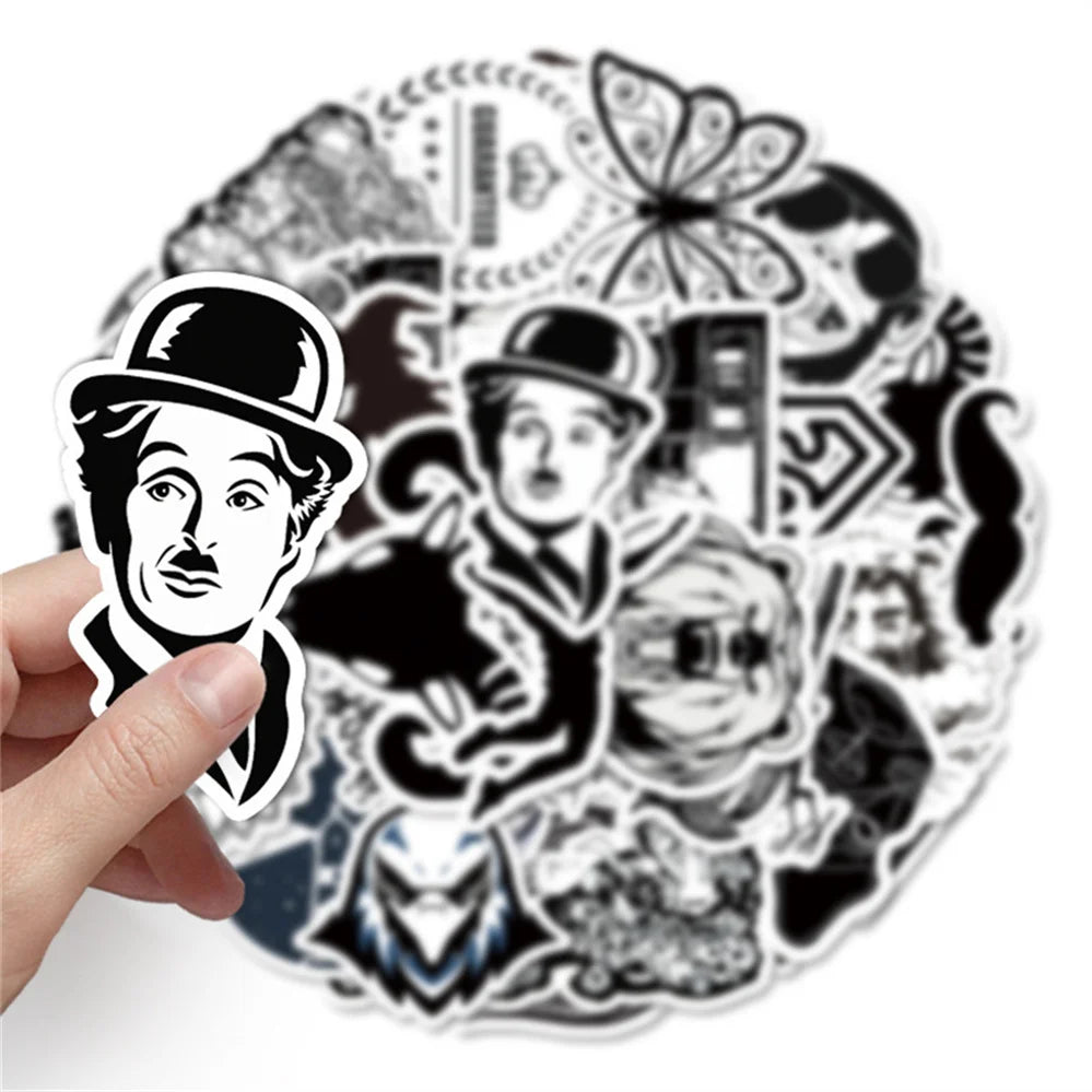 50 pieces of cartoon black and white character graffiti stickers, personalized DIY diary, suitcase, car, skateboard, phone case decoration, waterproof sticker toys