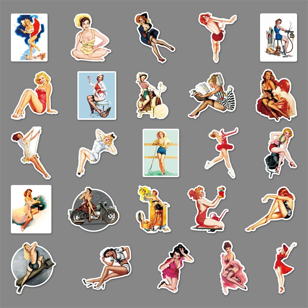 50PCS Cartoon Retro Girl Suitcase Beautiful Graffiti Suitcase Stationery Laptop Skateboard Waterproof  Sticker