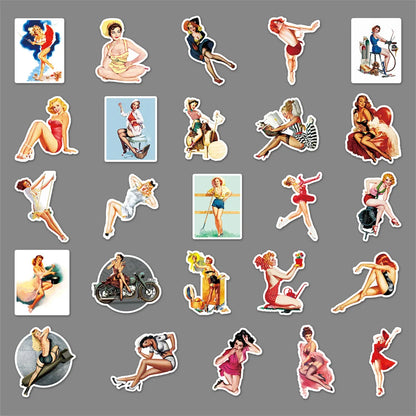 50PCS Cartoon Retro Girl Suitcase Beautiful Graffiti Suitcase Stationery Laptop Skateboard Waterproof  Sticker