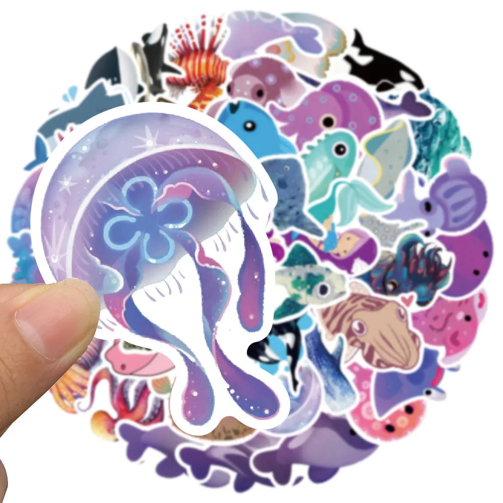 50PCS Art Illustration Popular Creative Cartoon Cute Sea Creatures Series Decorative Style Graffiti Stickers Personalised Fashion Creative DIY Exquisite Decorative Decals Suitable For Cups, Helmets, Skateboards Popular Stickers Toys