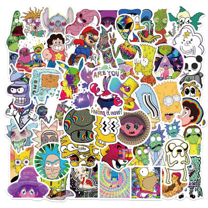 50PCS Psychedelic Aesthetics Mixed Cartoon Characters Graffiti Waterproof Sticker Suitcase Notebook Mobile Phone