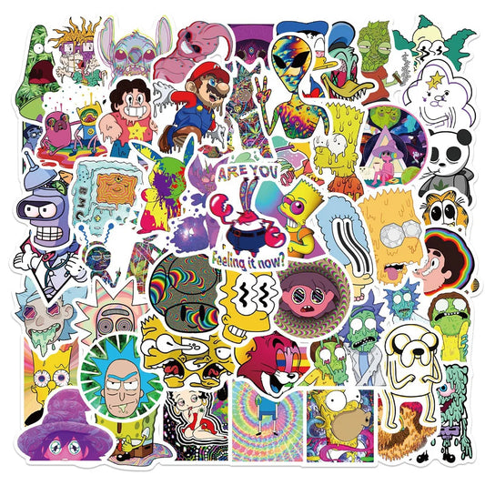 50PCS Psychedelic Aesthetics Mixed Cartoon Characters Graffiti Waterproof Sticker Suitcase Notebook Mobile Phone